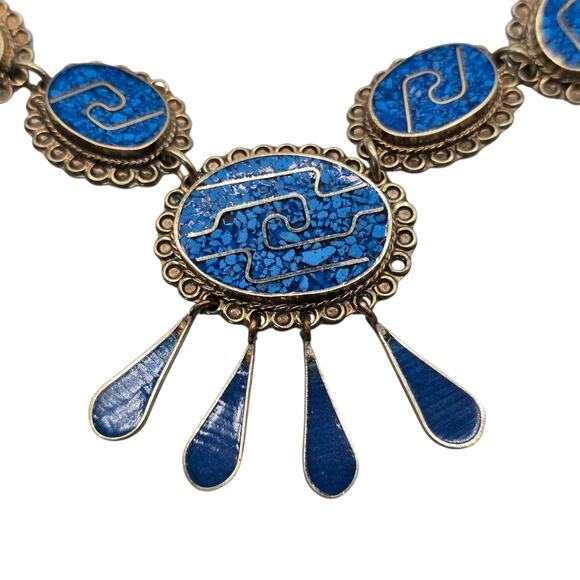 Alpaca Taxco Mexico Necklace Earrings Set Turquoise Inlay As Found Unpolished - Picture 14 of 15